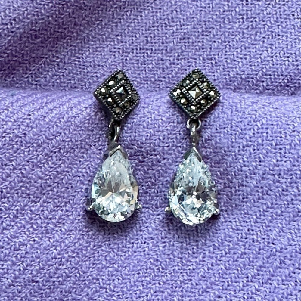 Marcasite & Cubic Zirconia Sterling Silver Earrings - Picture 2 of 3